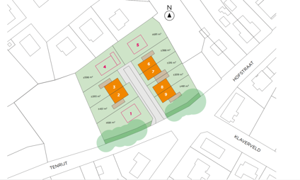 bouwgrond Houthalen tenrijt omgeven door groen in een kleine verkaveling overzichtsplan