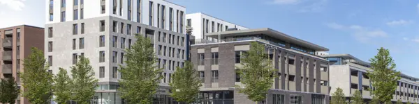 Strakke en moderne gebouwen in Quartier Bleu, Hasselt, met eigentijdse vormgeving.