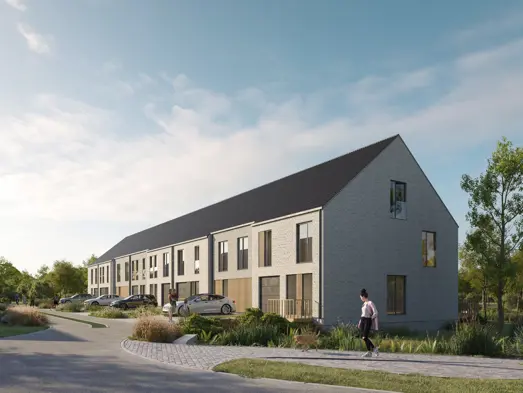 woningen kessel-lo halfopen en gesloten bebouwingen met zadeldak, moderne maar tijdloze architectuur in een lichte gevelsteen, donker dak en houten sierelementen in de gevel