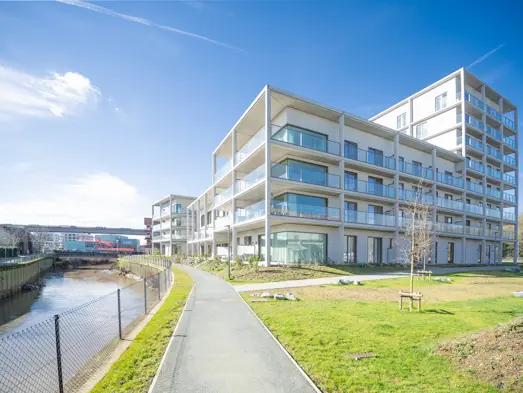 Woning Waterzicht (Vilvoorde) met 3 slaapkamers, terras en kleine tuin, foto van gebouw