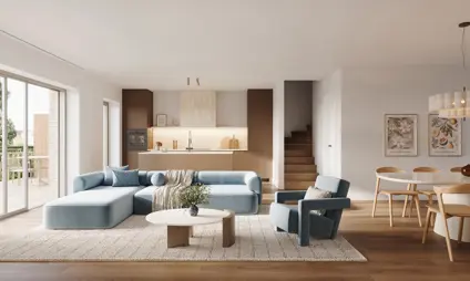 Interieur halfopen woningen in Kessel-Lo met open indeling, open en lichte leefkeuken en leefruimte 