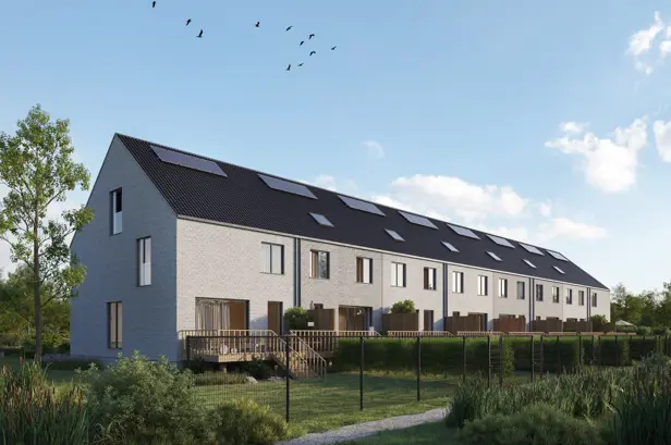 woningen kessel-lo halfopen en gesloten bebouwingen met zadeldak, moderne maar tijdloze architectuur in een lichte gevelsteen, donker dak en houten sierelementen in de gevel
