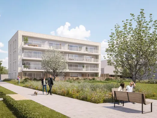 Geel Laar appartementen zuidgerichte terrassen wandelen mensen groen park bomen