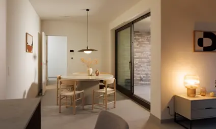 Geel Villa Spoorbloem Kijk Appartement leefruimte woonkamer keuken 