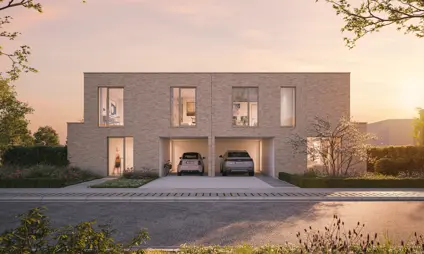Moderne halfopen bebouwing, twee garages met auto's, lichtgekleurde baksteen, grote ramen, bomen, roze lucht.