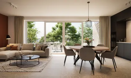 Tijl Uilenspiegel appartementen linkeroever groen Antwerpen bomen terras keuken living zetel