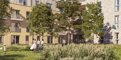 Geel Laar appartementen groene omgeving gras bomen terras water wadi