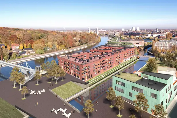 Luchtbeeld op de appartementen