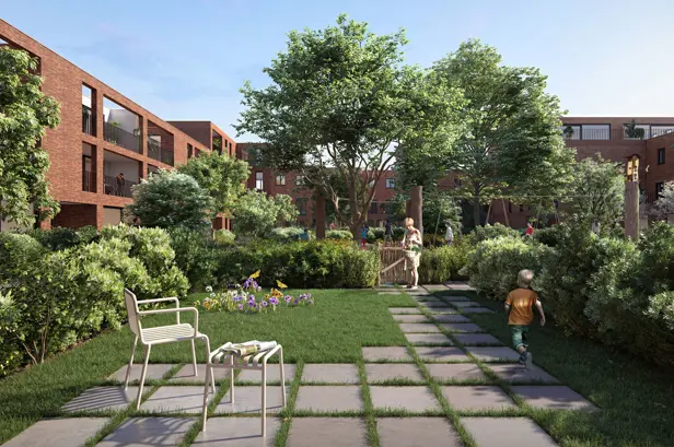 Zicht op de appartementen vanaf de binnentuin